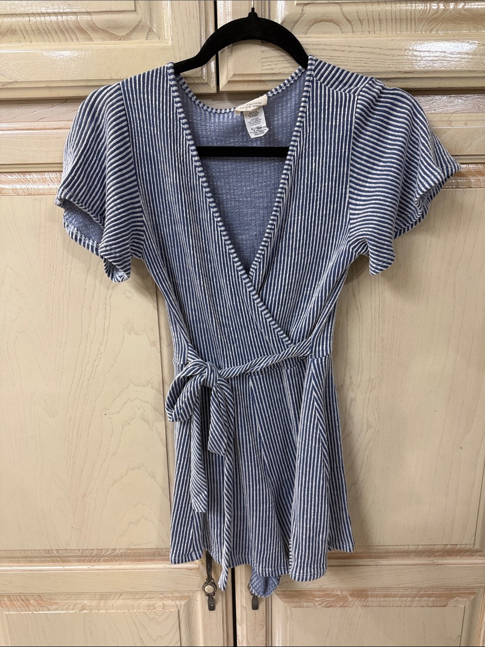 Striped Blue & White Wrap Romper with Tie Waist